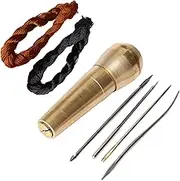 Copper Handle 4 Needles Sewing Awl Hand Stitcher Shoe Repair Tool Kit with 18m Black and 18m Brown Nylon Cord Thread for Handmade Leather Sewing Tools Shoe and Leather Repair DIY Sewing Repairing Canvas