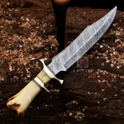 Handmade Bowie Knife Damascus Steel Blade Bone Handle Fixed Blade Knife