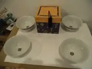 SET OF 4 RICE BOWLS WITH DECORATIVE BOX, WHITE AND BLUE