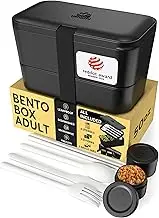 Umami mami Lunch Box Containers w/ 4 Utensils, 2 Sauce Jars, Nestable Space-Saving Black Bento Box Adult, 100% Leakproof, Microwavable Lunch Containers for Adults, Red Dot Design Award Winner