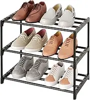 TAUEHR Small Stackable Shoe Rack,Narrow Kids Shoe Stand,Metal Shoe Storage Shelf for 6-8 Pairs of Shoes Entryway and Closet Hallway(3-Tier, Black)