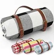 79"x79" Extra Large Picnic Mat，Thickening with Three-Layer Waterproof PU and Portable Leather Shoulder Strap Tote Bag， Picnic Mat Waterproof and Sand-Proof (Black and White Gray)