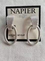 New NAPIER EZ Comfort Clip Textured Silver Tone Oval Earrings #48-6