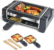 Raclette Table Grill, 2 in 1 Electric Griddle,500W Electric Indoor Raclette Grill, Nonstick Temperature Control BBQ Grill with 2 Cheese Pans and 2 Wooden Spatulas, for Parties and Indoor Use