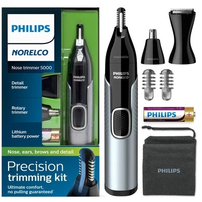 Philips Norelco Nose Trimmer 5000, for Nose, Ears, Eyebrows, Black and Silver,