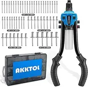 AKKTOL Rivet Gun Kit, 1/4" Pop Rivet Gun Kit with 210pcs Blind Rivets, Heavy Duty 13" Rivet Gun Tool with 5 Nosepieces incl. 3/16" & 1/8" for Metal, Gutter & Automotive