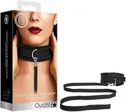 Ouch! Velvet & Velcro Adjustable Collar with Leash, Black