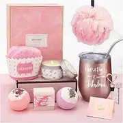 Gift Basket for Women - Mothers Day Present - Soap, Bath Bombs, Body Lotion, Sponge, Wine Stopper & Tumbler Set - Women Gift Ideas - Spa Package for Mothers, Wives, Daughters & Grandma