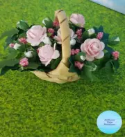 Dollhouse Miniature Woven Basket filled with Mini Pink Roses and Alyssum Artisan