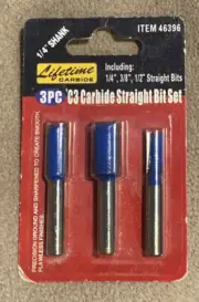 Router Bit Set C3 Carbide 3-pcs Straight 1/4” , 3/8” + 1/2” * NEW