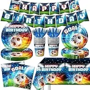 Soccer Party Decorations, 142Pcs Soccer Birthday Party Supplies Tableware Set Includes Soccer Plates and Napkins,Cups,Banner,Tablecloth for Soccer Sports Theme Birthday Decorations