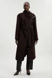 Petite Brushed Wool Pu Mix Scarf Neck Belted Tailored Maxi Coat
