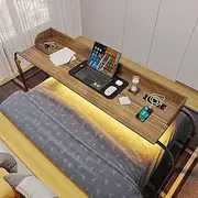 Dystler Overbed Desk with Charging Station-Over Bed Table-Adjustable Length/Height with Wheels - Human Sensor LED Light Mobile Queen Size Bed Table Rolling Tray Table for Eating & Laptops, Brown