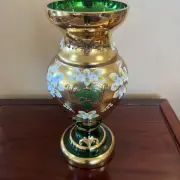 ANTIQUE - Bohemia Gold Gilt Glass Vase - Large - Green With Flowers - Czech Rep