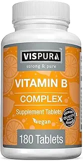 VISPURA Vitamin B-Complex with B1, B2, B3, B5, B6, B12, B7 Biotin and B9 Folic Acid, Natural Supplement for Women and Men, Pure Vegan Friendly Support, 180 Tablets