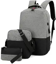 [OmobY] 3pcs/Set Men's Casual Backpack with USB Charging Port Black Grey School Messenger Bag Pencil Bag