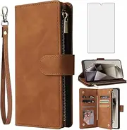 [Asuwish] Mobile Phone Case for Samsung Galaxy S24 Ultra 5G Case with Screen Protector and Card Slot Foldable Leather Wallet Stand S24Ultra 24S S 24 24Ultra Cases Protective Phone Case Brown