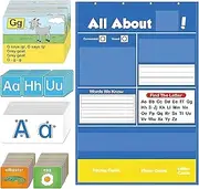 Alphabet Learning Pocket Chart, Alphabet Wall Chart, ABC Flashcard Learning Game, Letter Practice Handwriting Tool for Kids, 4 Door Hooks, 104 Word Cards, 26 Letter Cards, 26 Tracing Cards, 29x22cm