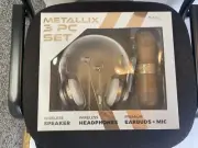 GabbaGoods 3 Piece Metallix Electronics Gift Set- Headphone/Speaker/Earbuds+Mic