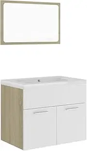 vidaXL Modern Bathroom Furniture Set - Beige White and Sonoma Oak Engineered Wood, Includes Sink Cabinet, Built-in Basin, Mirror