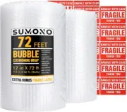Bubble Wrap Roll 12 Inch x 72 Feet [2 Rolls] Perforated with 20 Fragile Labels