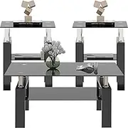 ODUSE-DAILY Black Glass Coffee Table Set of 3 Piece, Living Room Table Set of 3, Black Coffee Table and End Coffee Table Sets, Metal Frame (All Black A, Set of 3)