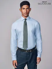Blue Slim Fit Signature Single Cuff Texture Pima Cotton Shirt With Cutaway Collar (N23308) | $95