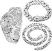 [Halukakah] Diamond Gold Watch, Men's 18K Genuine Gold-Plated/Platinum White Gold-Plated 38 mm Width Round Choose Quartz Bracelet 22 cm with Cuban Link Chain 20 + 45 cm Necklace Bracelet with Gift Box