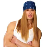 80S 90S MENS GRUNGE ROCKER COSTUME WIG W/ BANDANNA GNR GUNS N' ROSES LONG BLONDE