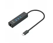 Simplecom 8.7cm CHN421 Male USB-C to Female 3-Port USB Hub/Ethernet Adapter BLK