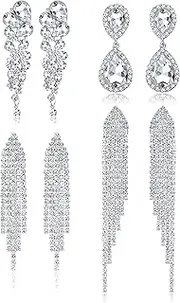 [Kakonia] 4 Pairs Silver Clip on Earrings for Women, Sparkly Rhinestone Tassel Chandelier Teardrop Dangle Earrings for Brides Bridesmaids Non Pierced Prom Jewelry Set