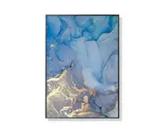 70cmx100cm Light Blue Marble With Gold Splash Black Frame Canvas Wall Art