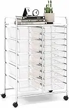 Costway 15 Drawer Rolling Storage Cart, Multipurpose Mobile Storage Organizer w/Removable Drawers & Metal Frame, Utility Tools Scrapbook Paper Organizer for Home, Office (Transparent)