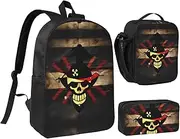 [JEJEA] Pirate Flag print Backpack with Lunch Box Pecnil Case Set 3 in 1,BookBags Lunchbag Pencil Bag 17inch for Travel, Black, One Size
