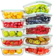 Feshory 10 Pack Airtight Glass Food Storage Containers with Plastic Lids (1040ML&370ML) - Glass Meal Prep Food Containers, Lunch Box for Kitchen Storage & Organisation