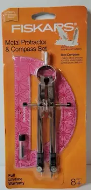 FISKARS Protractor & Bow Compass Set + Lead Refills pink Metal 6" 180 Degree NEW