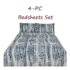 Printed Bed Sheets Set 4-pc Blue & Gray Streaks Full Queen King Size Geometric
