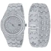 ICED OUT Full iced out bling watch bracelet set - silver