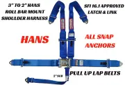 BLUE 5 POINT RACE HARNESS HANS SFI 16.1 PULL UP LAP BELTS ROLL BAR MOUNT SNAPS