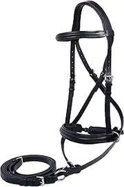 Wonder Care English Leather Crossover/Crossunder Bitless Bridle with Reins (Black, Extra Full)