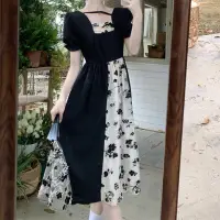 在飛比找蝦皮商城精選優惠-大尺碼洋氣假兩件黑色洋裝 夏季顯瘦網紗方領設計感不規則洋裝