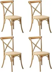 Oikiture Wooden Dining Chairs Set of 4 Kitchen Chairs Set with Rattan Padded and Cross Back Rests Accent Chairs for Home and Cafe Wood