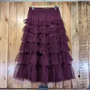 Monsoon Della Dot Tiered Midi Skirt Plum Purple Size SMALL BNWT RRP £45