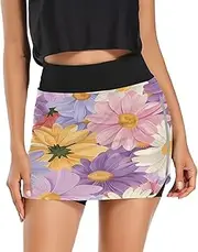 [Joisal] Rainbow Fire Dragon Women Skort with Pockets Lightweight Athletic Golf Skorts for Running Tennis Golf Workout, Pink Purple White Yellow Daisies, X-Large
