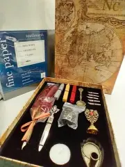 Quill Feather Pen Ink Set Wax Seal Stamp Kit + Extra Pack Fine Paper (50 Sheets)