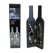 Wine Bottle Opener Set in Bottle-Shaped Case – Corkscrew, Stopper, Cutter, Poure