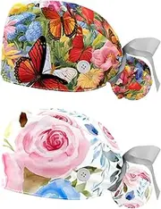 [YTYVAGT] 2-Pc,Nurse Scrub Caps,Scrub Hats with Buttons and Cotton Sweatband,Flowers and Butterflies Garden