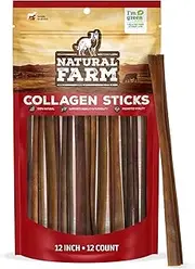Natural Farm Collagen Sticks (12” Long,12-Units) - Odor-Free, - All-Natural Beef Skin, 90% Collagen for Bone Strength and Joint Flexibility, Small and Medium Dogs – Lasts 20% More