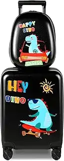 [Weewooday] Kids Luggage Set 18" Suitcase & 13" Backpack, Dinosaur Style, Black, Waterproof, Hard Shell, Spinner Wheels, Telescopic Handle