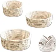 Roczential 3 Pack Cotton rope Storage basket Set, Oval woven nursery storage basket,Cute Dog Toy Basket Baby Nursery Hamper Shelf Decorative Bin,soft fabric basket (Round)